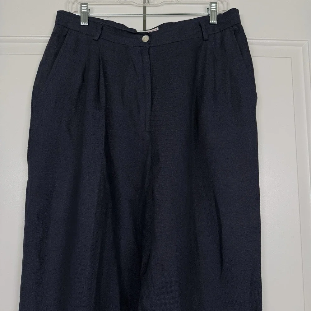 Talbots Linen Pants Sz 16 Navy Blue Straight Leg Pleated Preppy Church‎ Office